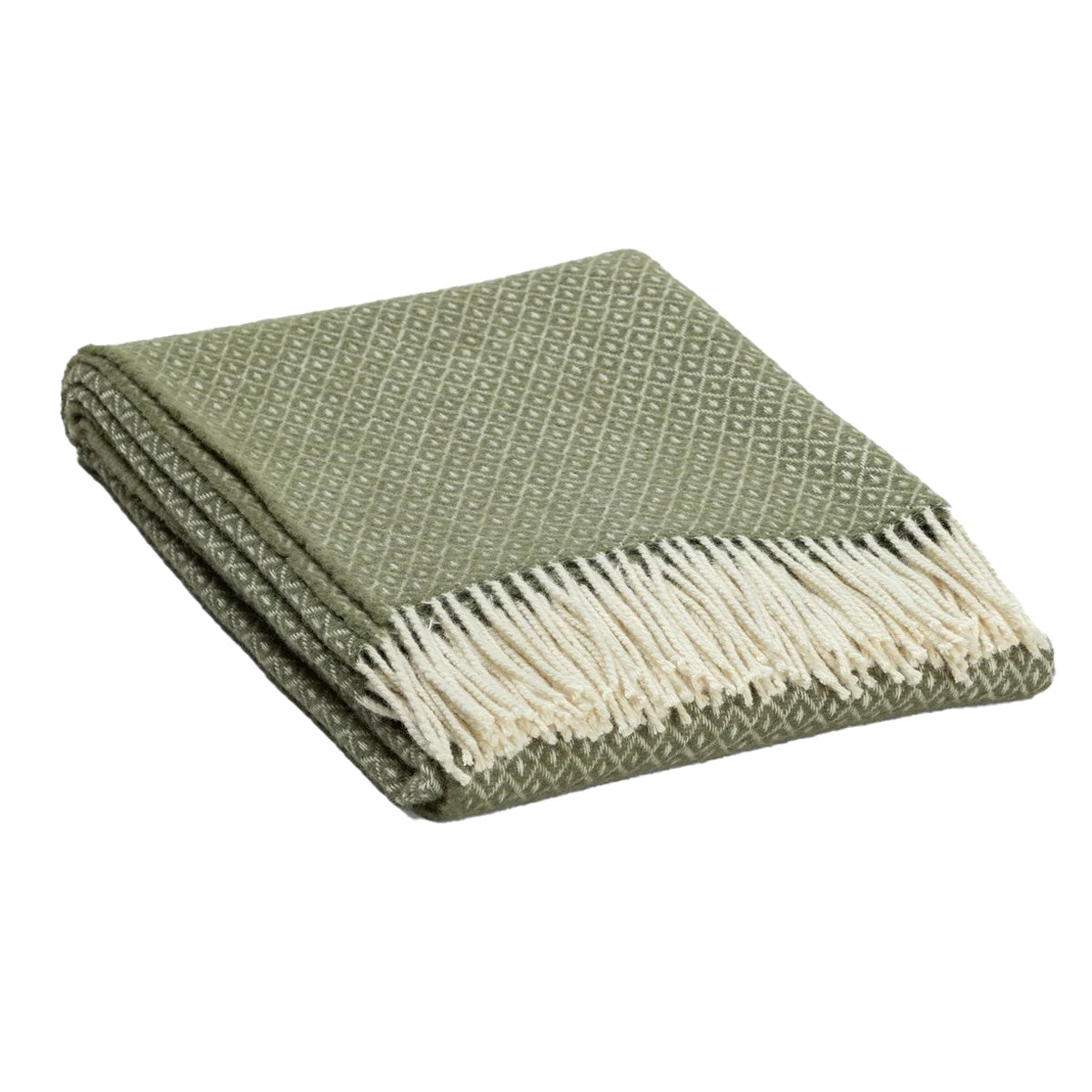 A folded green wool throw blanket with a subtle diamond pattern and cream-colored fringes along one edge, shown on a plain white background.
