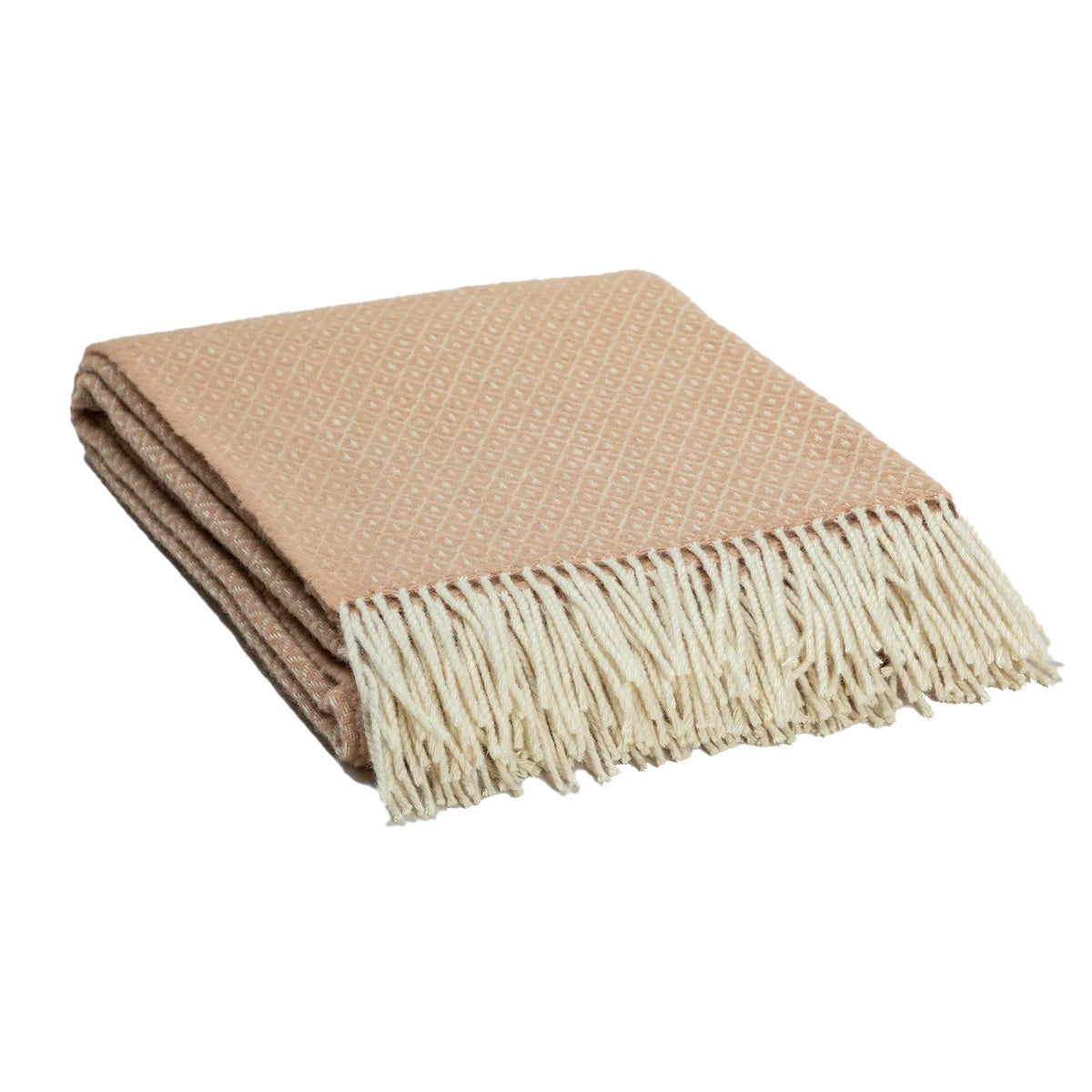 Folded light peach wool throw blanket with diamond pattern and cream-colored fringes at the edge, displayed on a white background.
