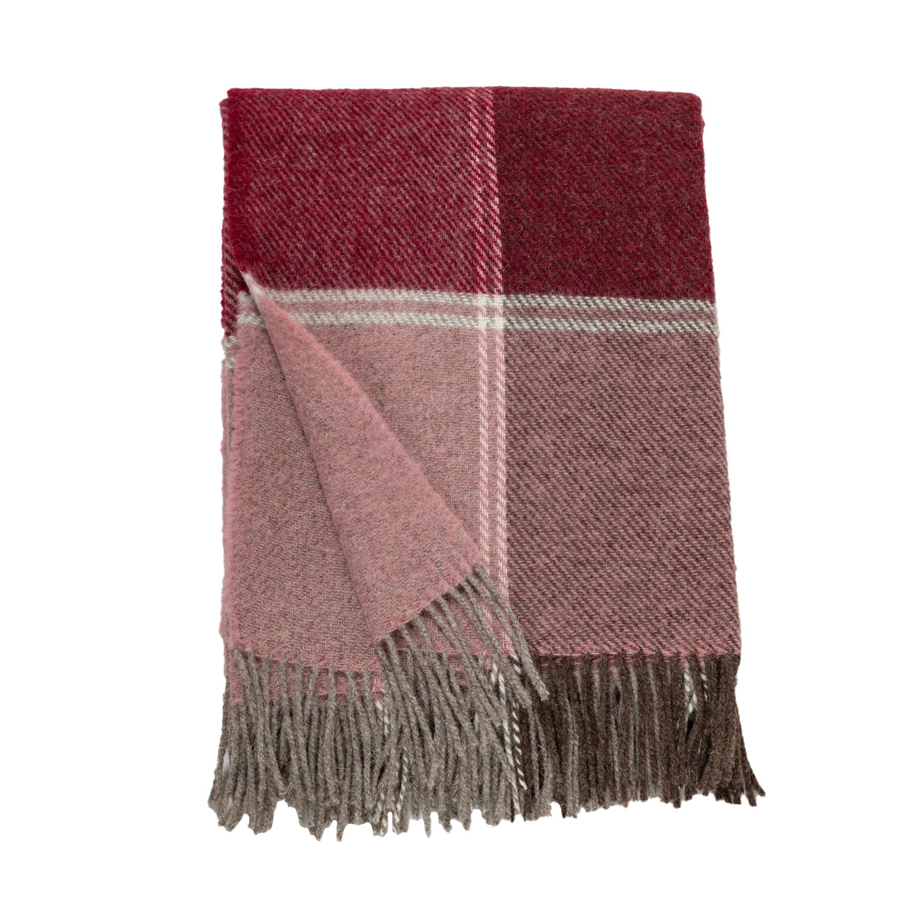 Folded pink and brown plaid wool throw blanket with fringed edges, shown on a white background with the top corner folded back to reveal the reverse side.