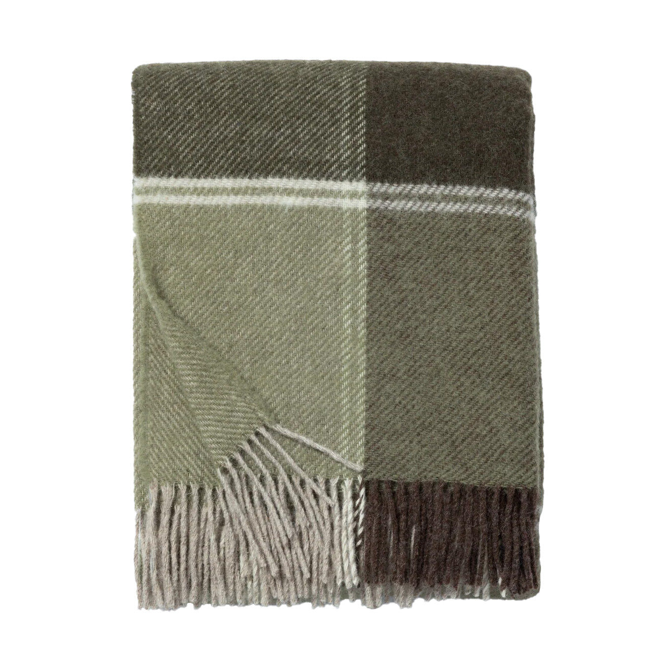 Folded wool blanket in muted olive green and brown tones with cream accents and fringe on one edge.