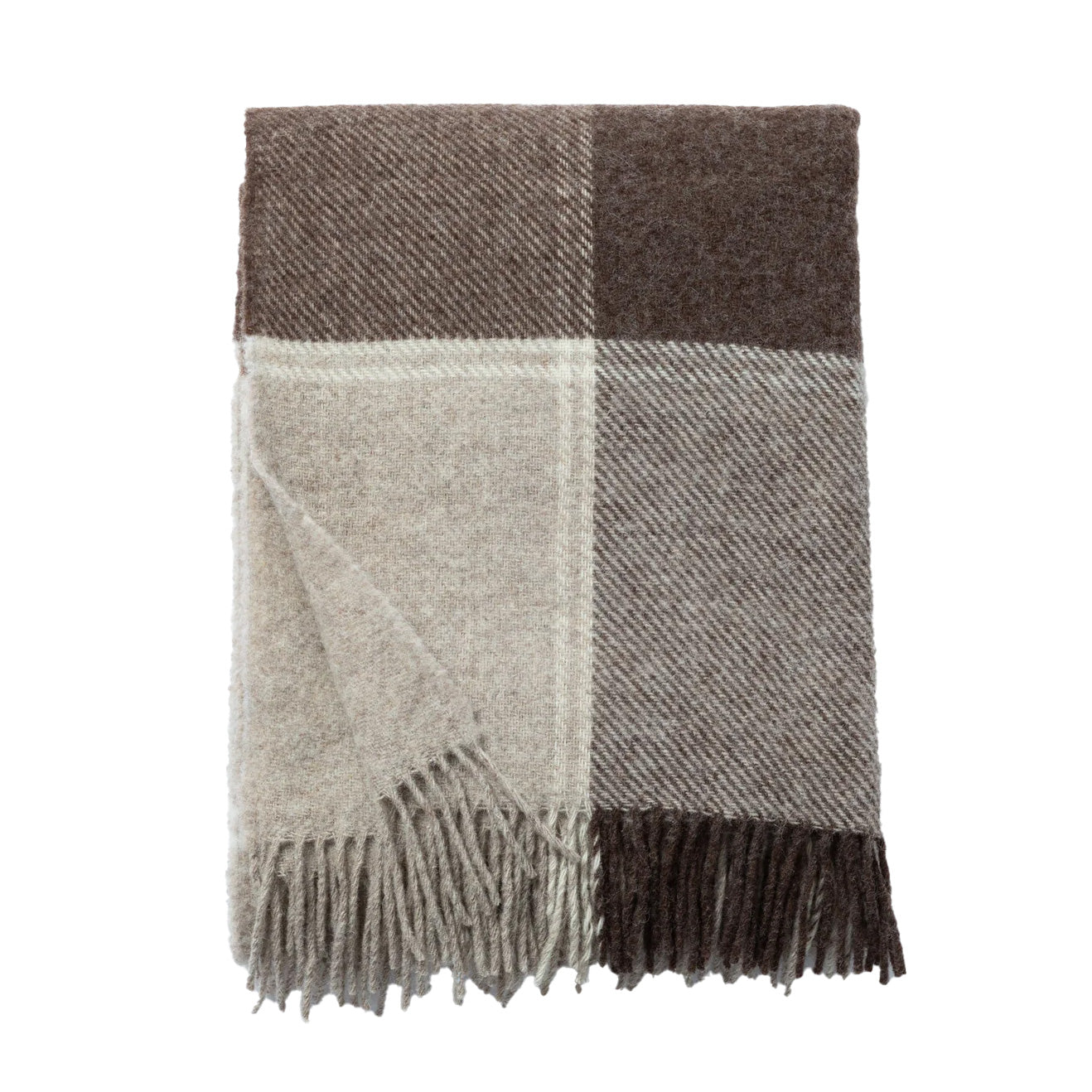 Folded wool blanket in soft neutral shades of beige, gray, and cream with fringed edges.