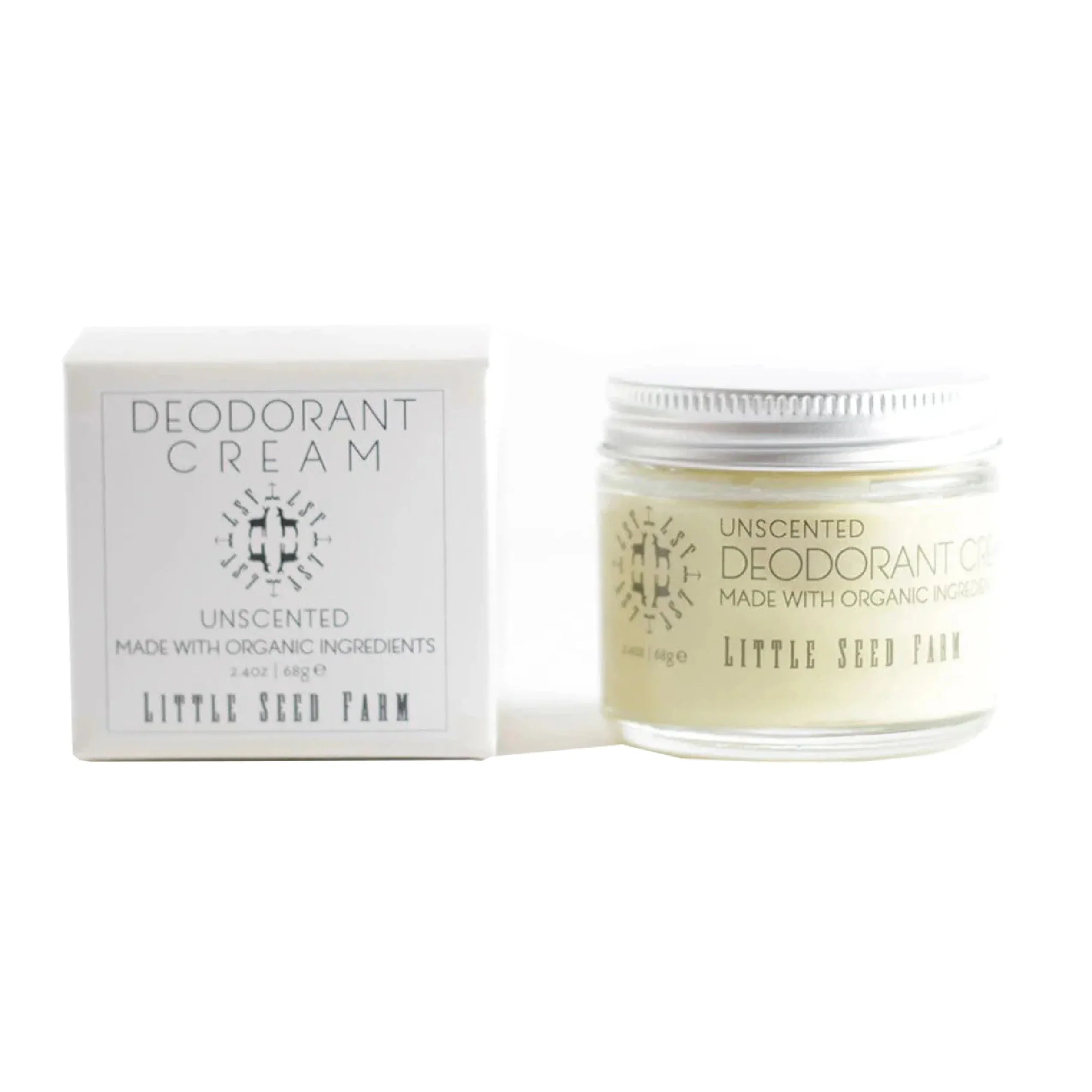 A jar of pale yellow Little Seed Farm Unscented deodorant cream is shown next to its box, which is white with black lettering.