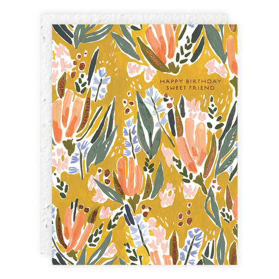 Seedling card with orange and purple flowers, "Happy birthday sweet friend" text, paired with a plantable seed paper envelope.