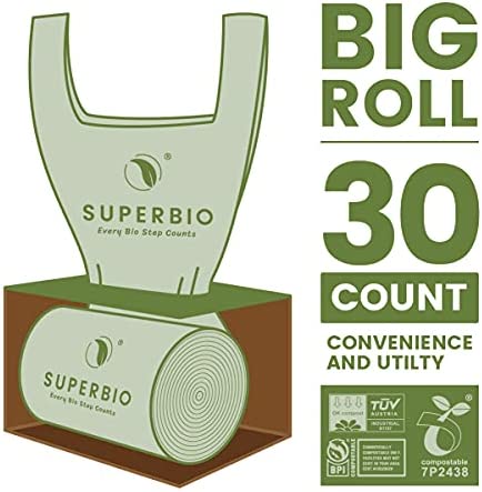 An illustration shows a green SUPERBIO compostable bag being dispensed from a roll inside a box. The image also states that it is a "BIG ROLL", "30 COUNT" and highlights its "CONVENIENCE AND UTILITY".