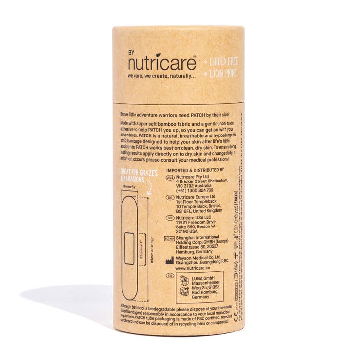 Back side of kraft cardboard tube displaying instructions and ingredients for the Kids Edition biodegradable bandage strips.