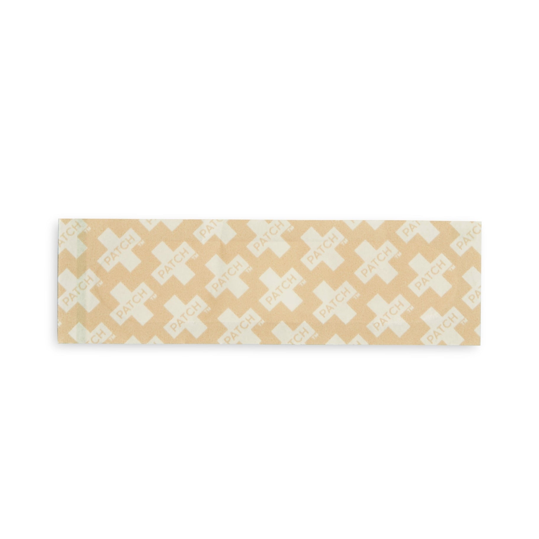 Close-up of a single beige bamboo-fiber bandage strip laid flat on a white background, displaying its woven texture and gauze center.