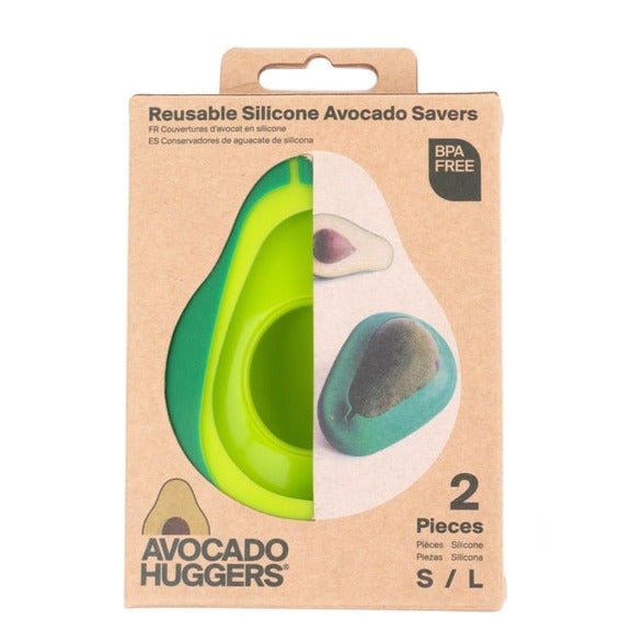 A box of "Avocado Huggers" reusable silicone avocado savers. The box is made of cardboard with a window showing a light and a dark green saver and text that says "2 Pieces" and "BPA FREE".