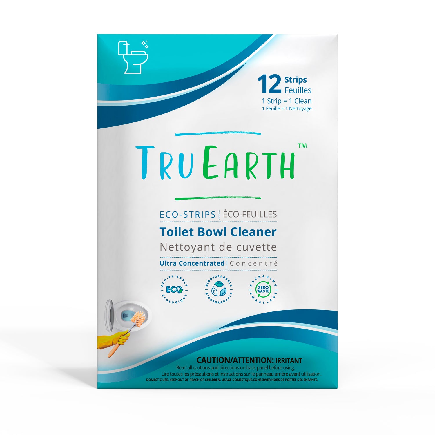A white and blue slim-box of Tru Earth Eco-Strips Toilet Bowl Cleaner is shown. The packaging indicates that it contains 12 strips and is an ultra-concentrated, eco-friendly, biodegradable and plastic-free product.