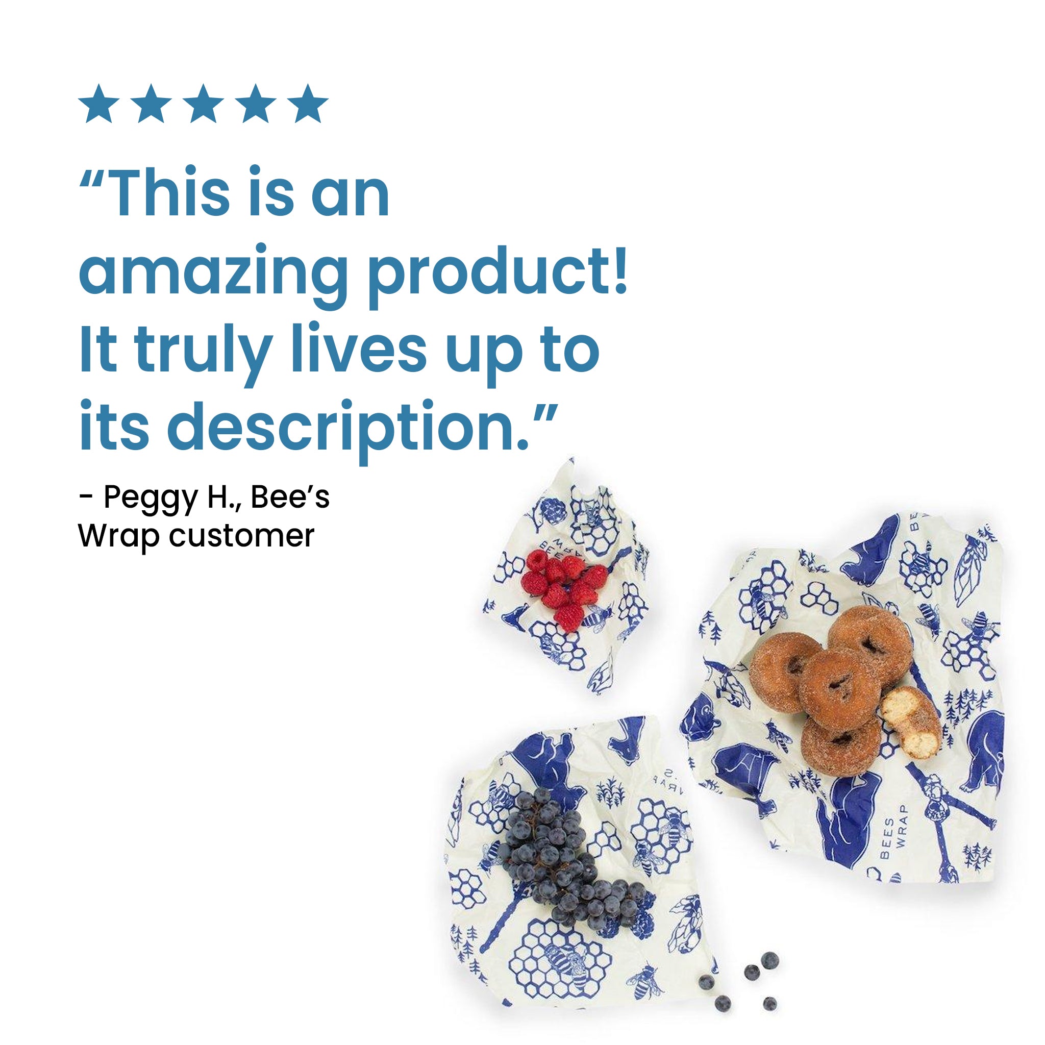 Graphic that shows a 5 star customer testimonial that reads "This is an amazing product! It truly lives up to its description" from Peggy H.
