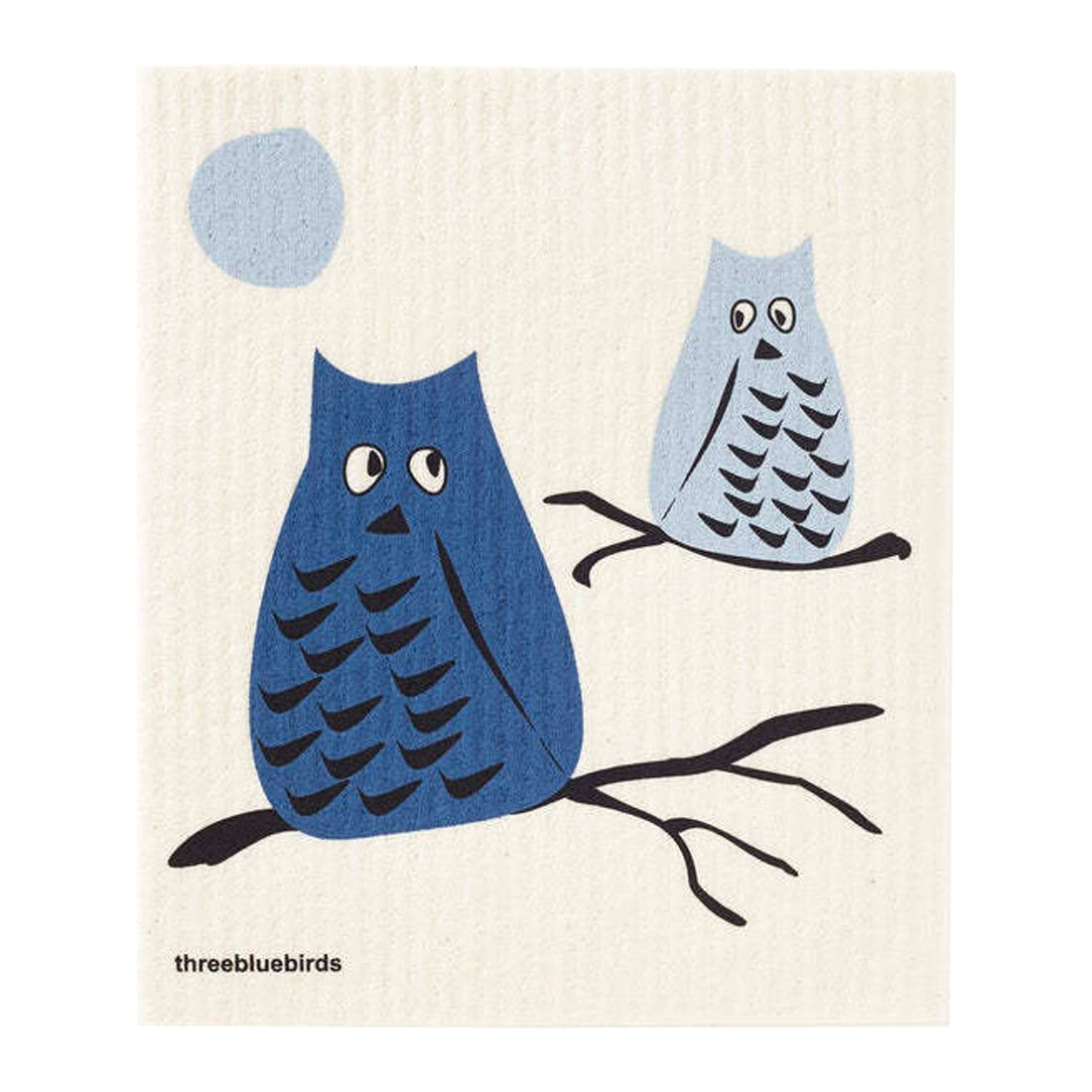 Whimsical sapphire blue owls ('whoo') with bright white eyes features on this biodegradable reusable dishcloth