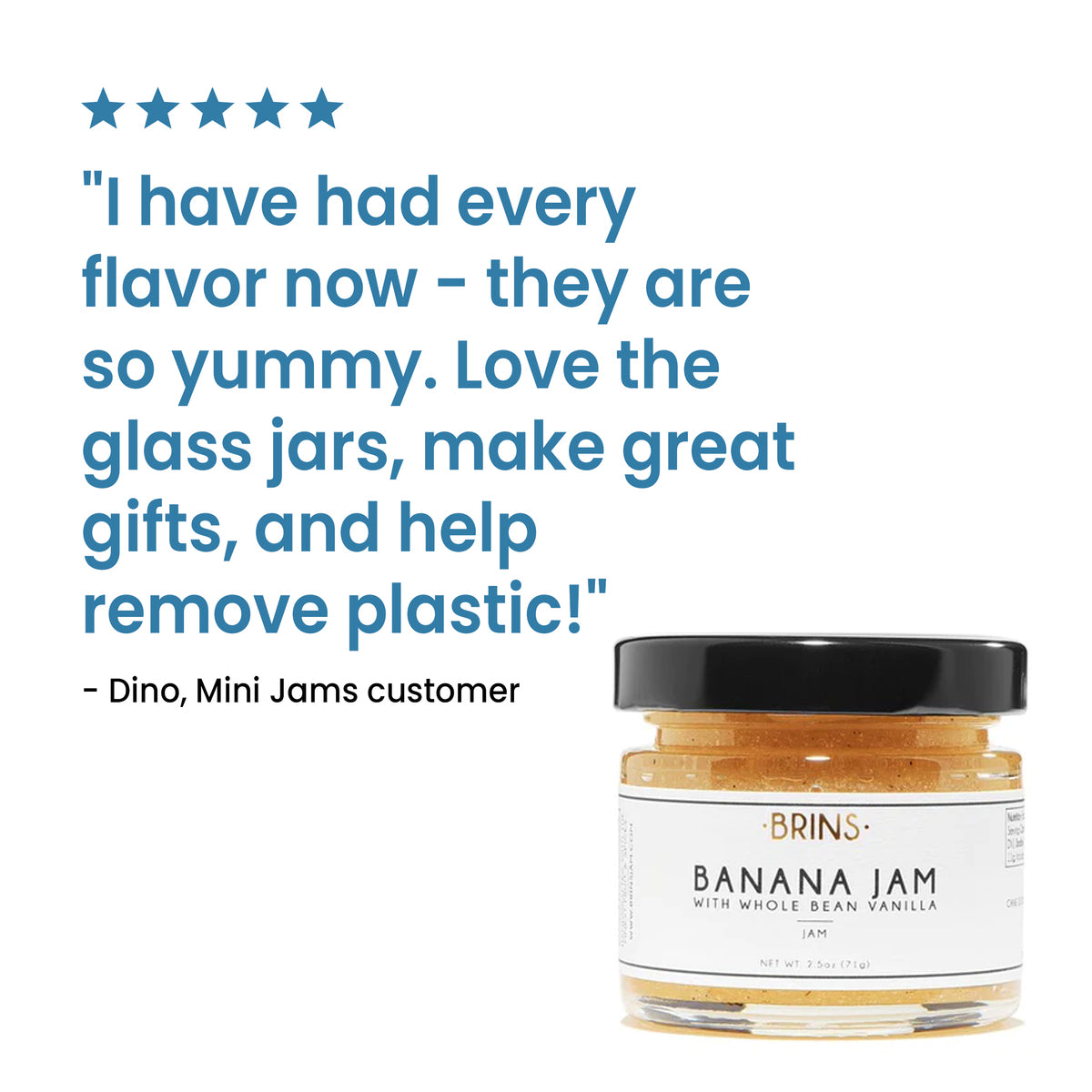 A five-star customer review in blue text reads: "I have had every flavor now - they are so yummy. Love the glass jars, make great gifts, and help remove plastic!" Below the review, a small jar of "BRINS" Banana Jam is shown.