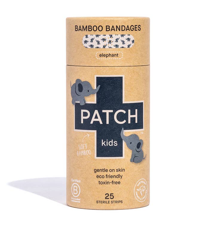 Kraft cardboard tube labeled “PATCH” with playful elephants, representing the kids edition biodegradable bandage strips.