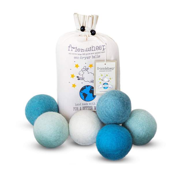 Six wool dryer balls in Blue Ocean colorway featuring different blue shades, with a cotton drawstring bag.