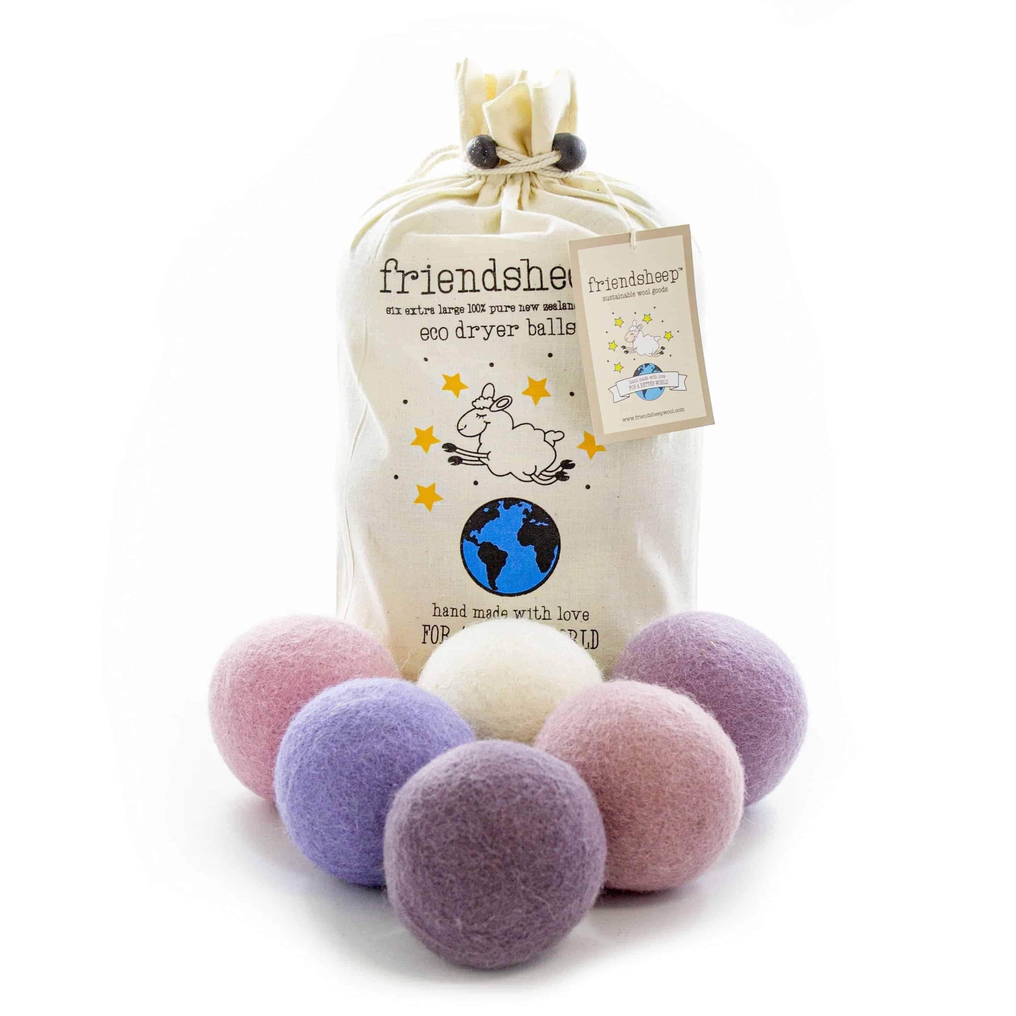 Set of six lavender-colored wool dryer balls with cotton drawstring bag. Made from organic wool, these dryer balls naturally soften clothes, reduce drying time, and are fragrance-free for sensitive skin.