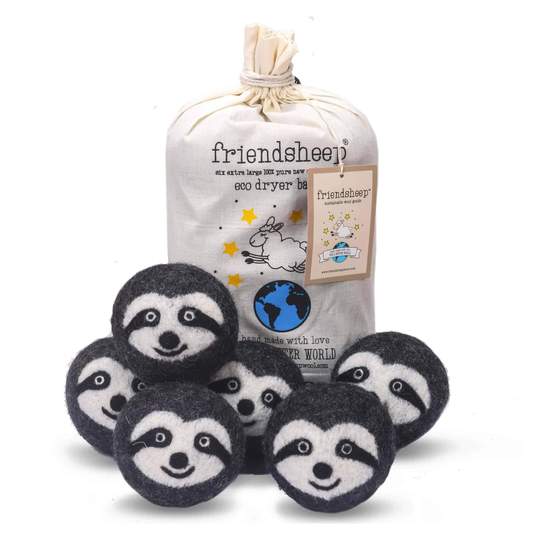 Six wool dryer balls designed as raccoons with gray and black details, displayed alongside a natural cotton drawstring bag on a neutral background. Made from 100% organic New Zealand wool, eco-friendly and reusable for laundry.