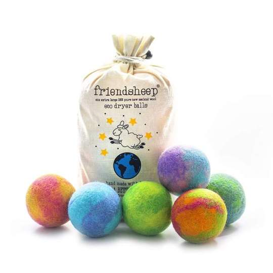 Set of six vibrant wool dryer balls in assorted bright colors with cotton drawstring bag. Made from organic wool, these dryer balls reduce drying time, soften clothes naturally, and eliminate the need for chemical dryer sheets.