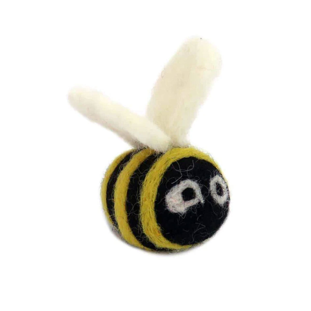 Berta the Honeybee wool cat toy, hand-felted in black, yellow, and white wool with stitched wings, on a white background.