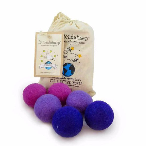 Set of eco-friendly wool cat toys in various shades of purple, displayed on a neutral background. Perfectly sized for cats to bat and chase. Handmade from cruelty-free New Zealand wool with no dyes or fragrances.