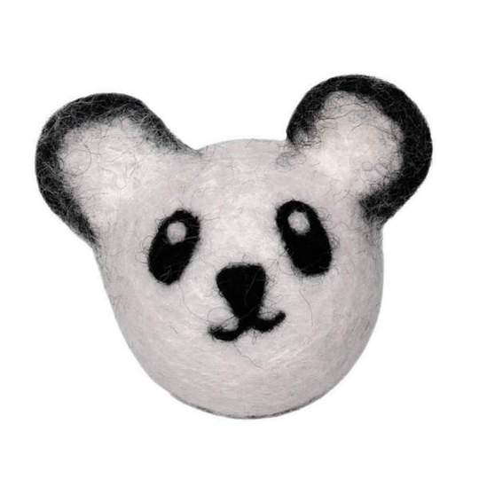 Perry the Panda wool cat toy featuring a hand-felted black and white panda face with stitched eyes and ears, shown on a clean white background.Plush Toys For Cats