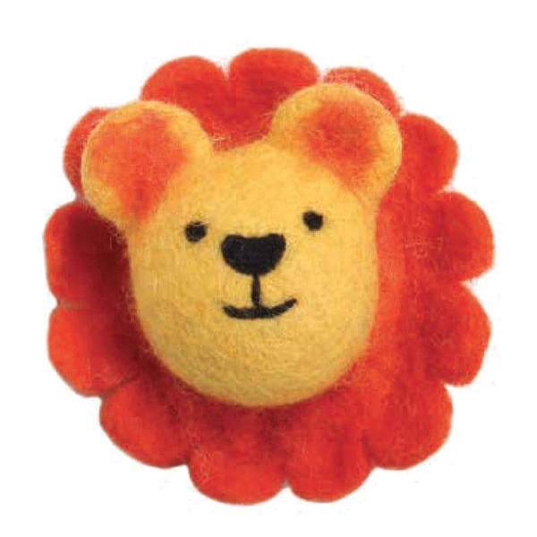 Ronnie the Lion wool cat toy made of hand-felted yellow and orange wool with a red mane and stitched facial features, displayed on a white background.