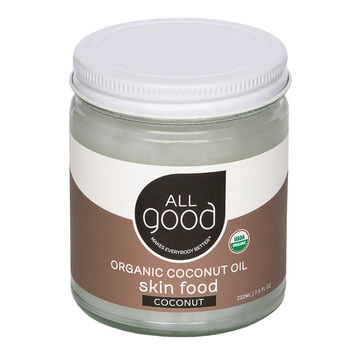 A clear glass jar of All Good Organic Coconut Oil Skin Food with a white lid and brown label, showing the USDA Organic seal and indicating 7.5 fl oz.