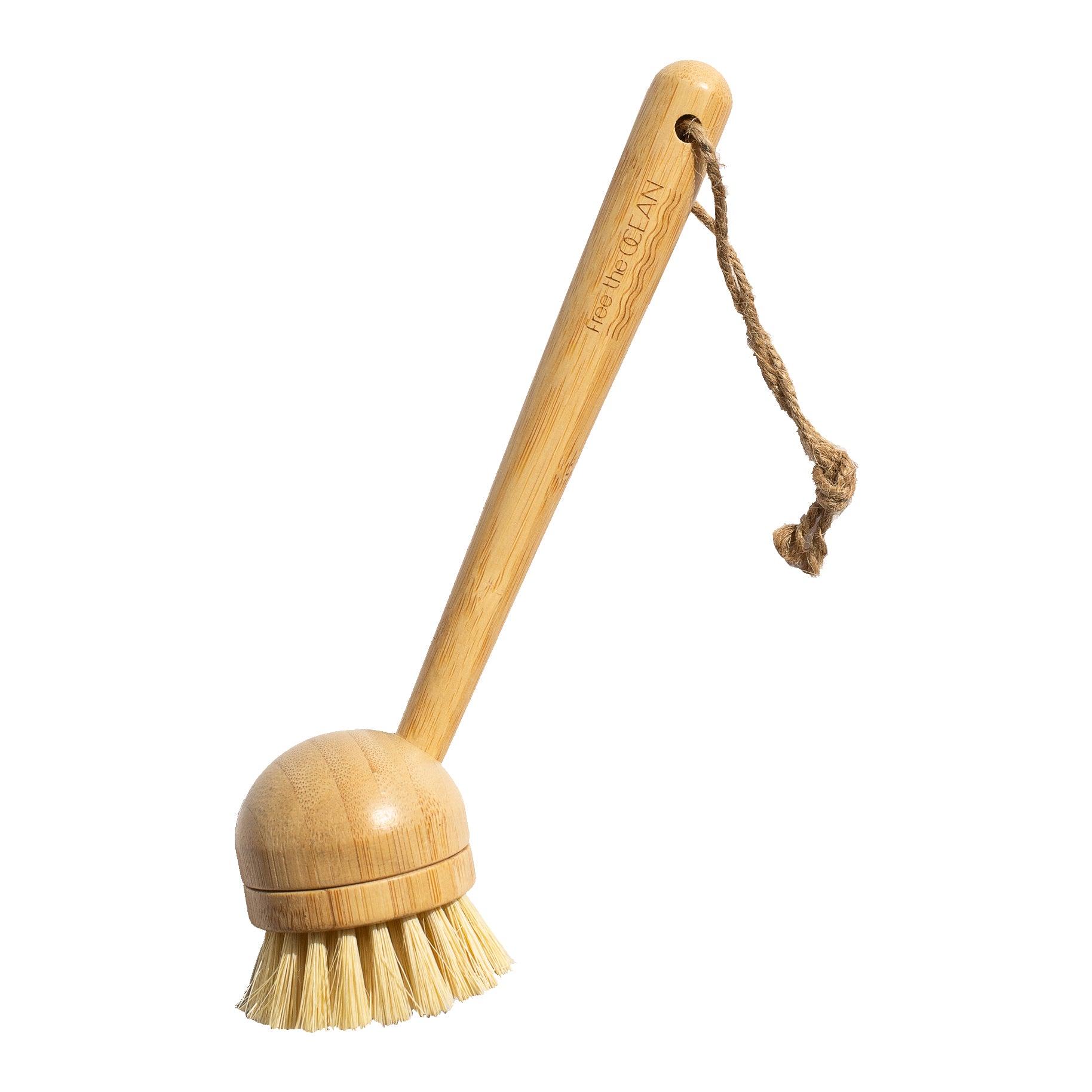 FTO wooden dish brush with bamboo handle and natural Tampico fiber bristles on a white background.