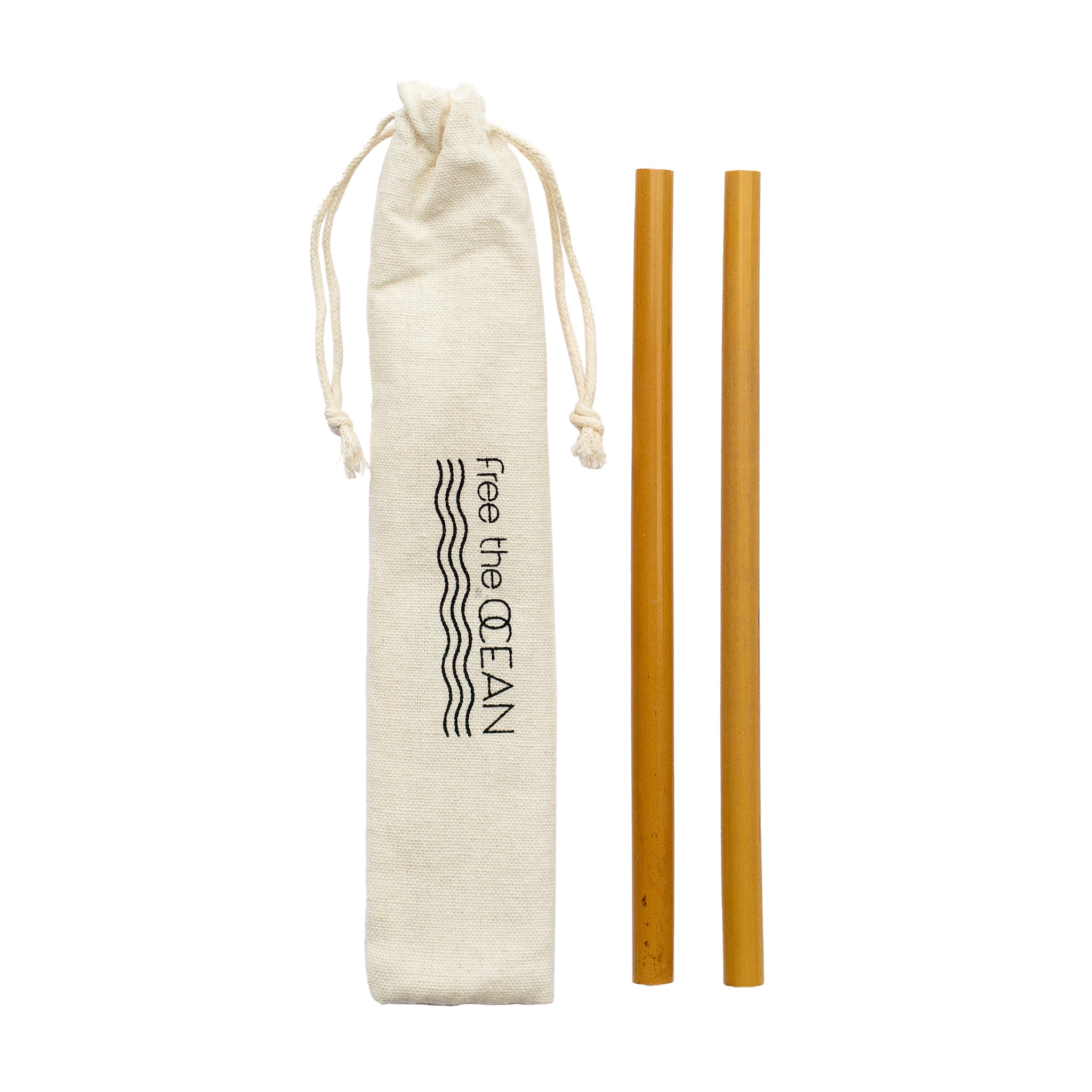 Reusable bamboo straws with a cloth carrying case. The bag has a "Free the OCEAN" logo printed on it.