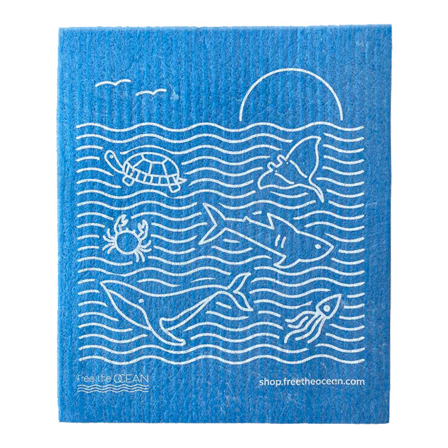 This FTO reusable custom dishcloth features an abstract design with a floating turttle, a whale, a shark and a crab, with deep blues and swirling whites.