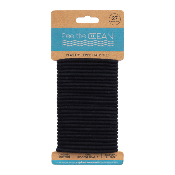 Bundle of black FTO biodegradable hair ties on a white background.