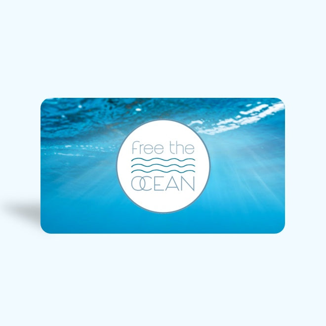 Graphic image of a Free the Ocean gift card featuring ocean-themed artwork and eco-friendly messaging, symbolizing a sustainable gift choice.