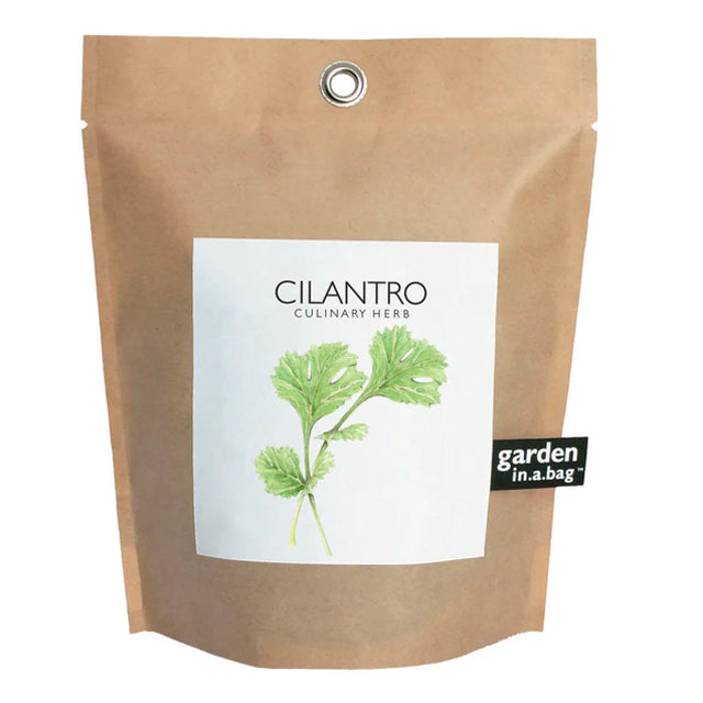 A "garden in a bag" stand-up pouch made of brown paper is shown. The white label on the front displays a lovely illustration of cilantro and identifies it as a "CULINARY HERB".