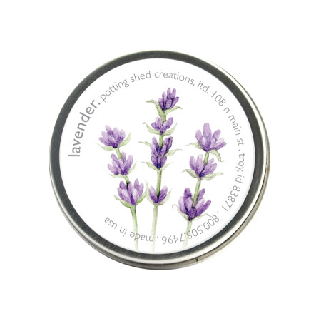 A silver tin of garden sprinkles with a white label on the lid. The label features a watercolor illustration of several sprigs of purple lavender flowers, with the text 'lavender, potting shed creations' around the edge.