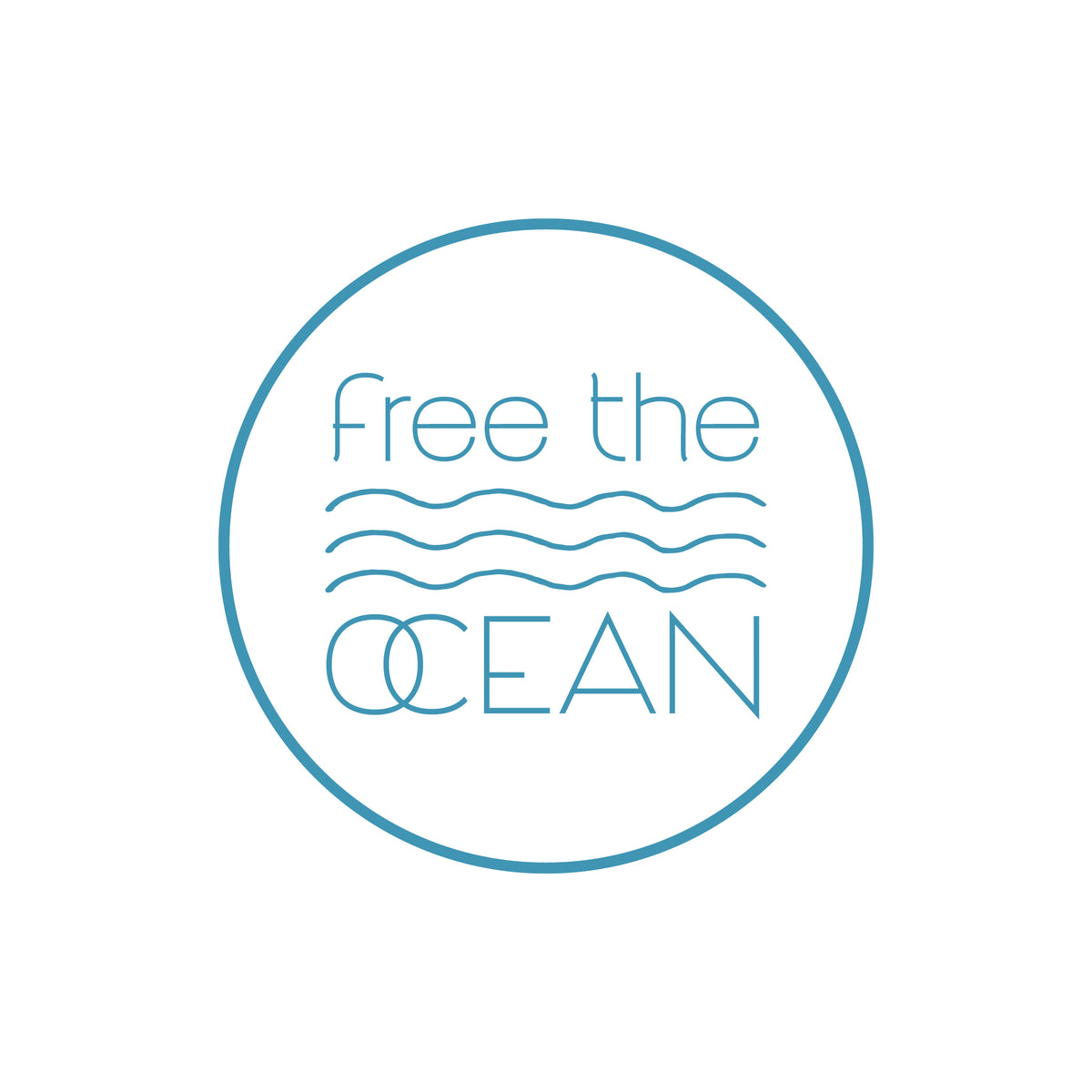 A blue circular logo with the text "free the" above three wavy lines and the word "ocean" below them.