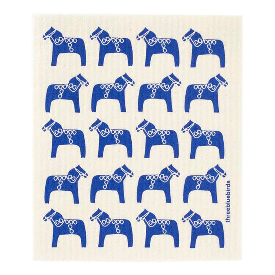 Traditional Swedish dishcloth featuring the iconic blue Dala horse illustration, in a pattern
