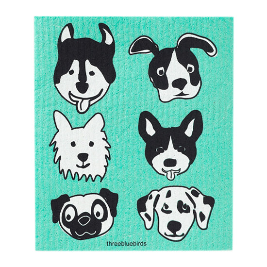 Playful Swedish dishcloth featuring a whimsical 'bow-wow' or dog design in black, and white, set against a vibrant aqua background