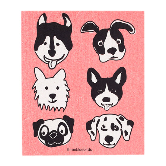 A playful design of 'bow-wow' or dog characters in black and white on a vibrant pink reusable dishcloth, suitable for use with your preferred cleaning solutions.