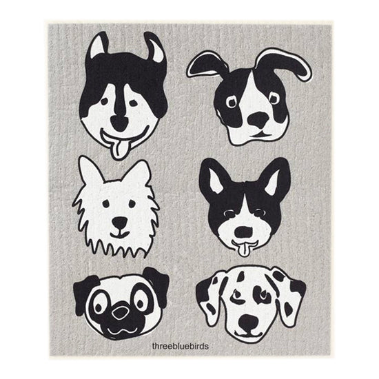Playful compostable gray cloth with a 'bow-wow' or dog-themed illustration, likely in various shades of gray, white and black