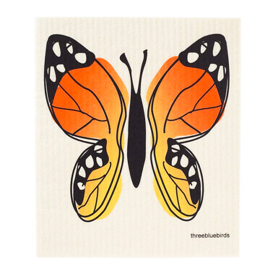 Beautiful reusable cloth adorned with a colorful and detailed monarch butterfly illustration in bright colors.