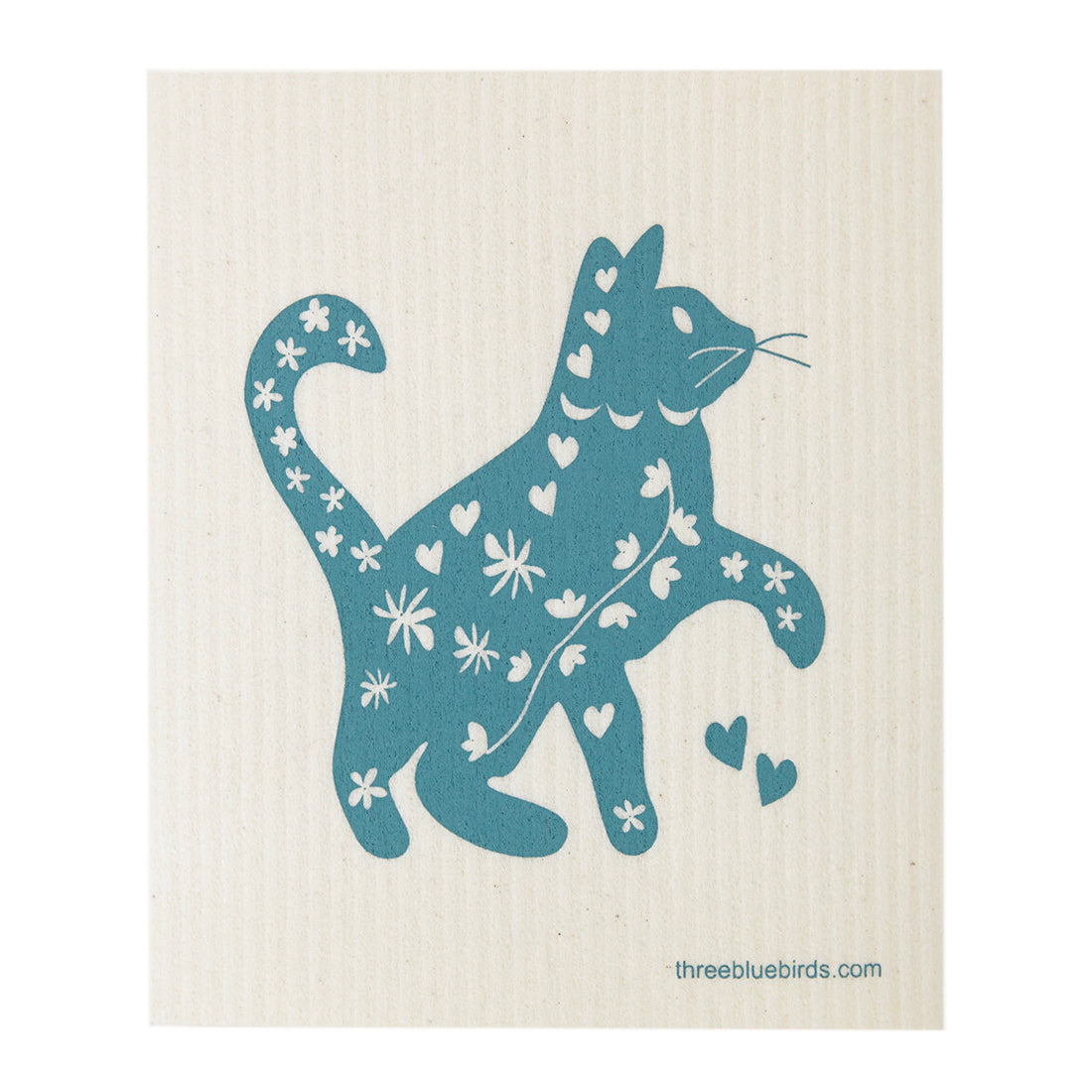 A stylish 'cool cat' illustration in blue and white on a reusable compostable dishcloth