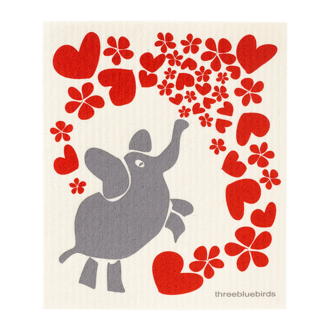 Charming reusable cleaning cloth featuring a gentle grey elephant illustration, with red hearts and flowers