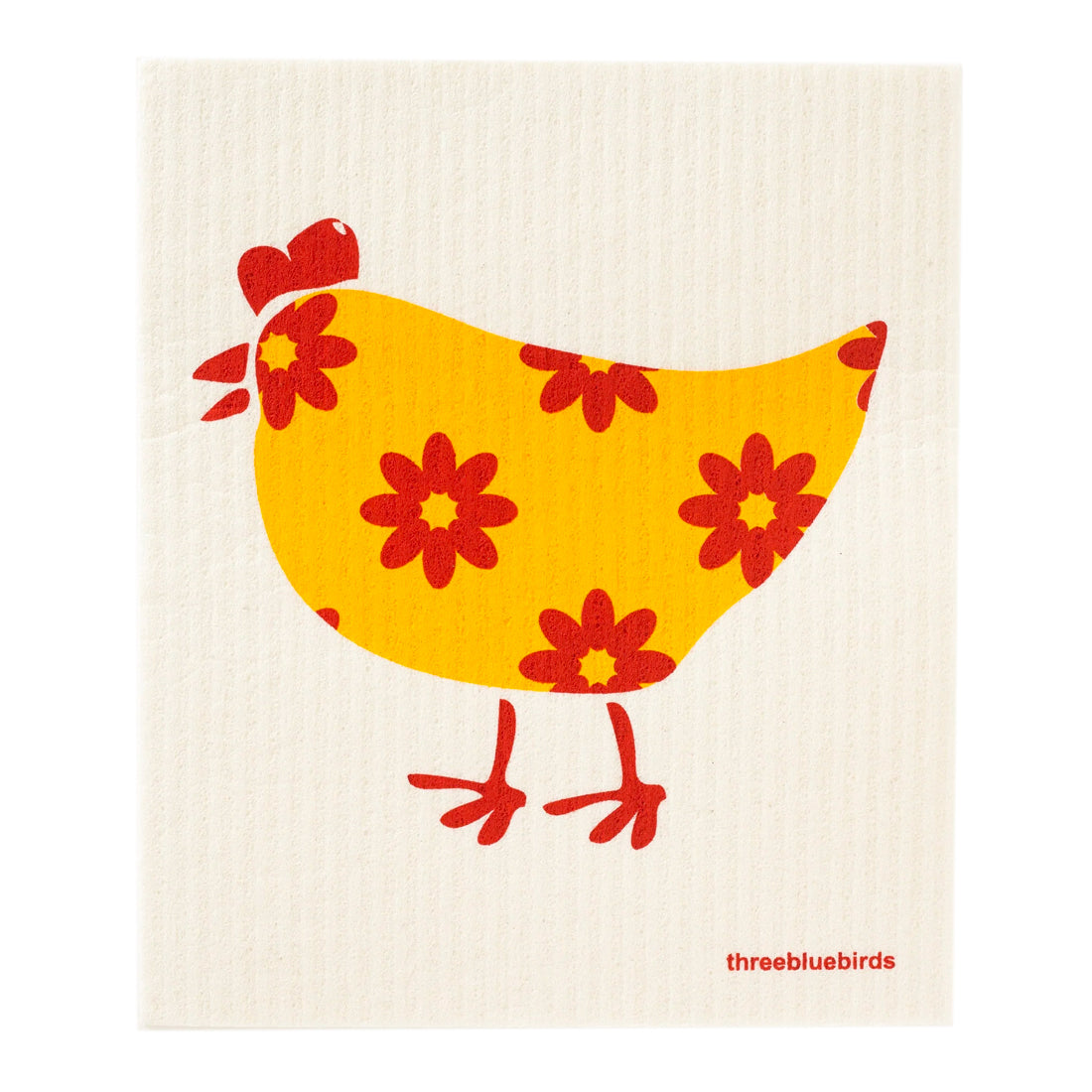 Reusable and compostable dishcloth with a red flowered yellow hen