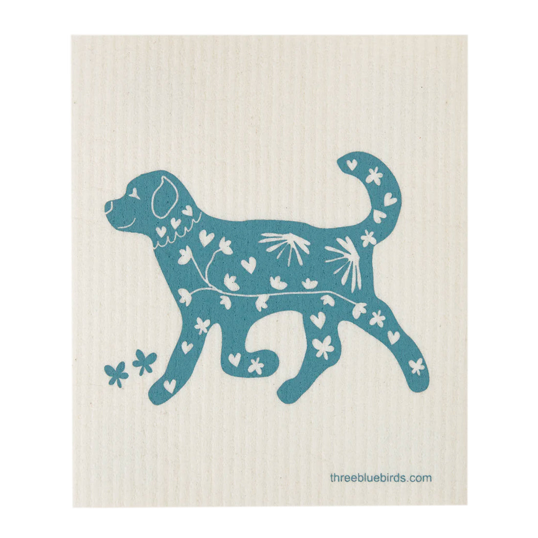 A charming playfulblue puppy in a creamy white background reusable dishcloth, ready for use with water, soap, or cleaners
