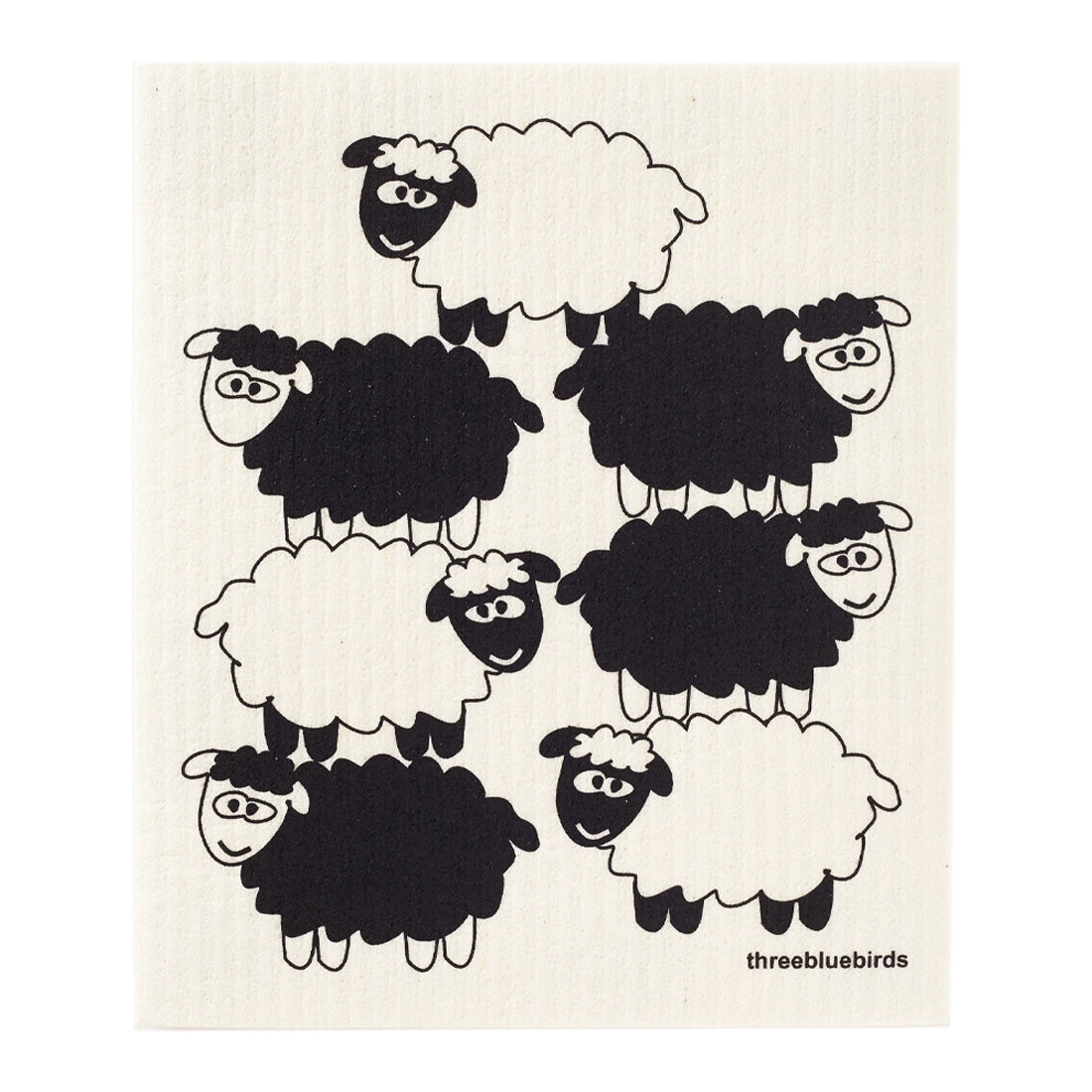 Smiley white and black sheep pattern stand out on this reusable dishcloth designed for versatile cleaning
