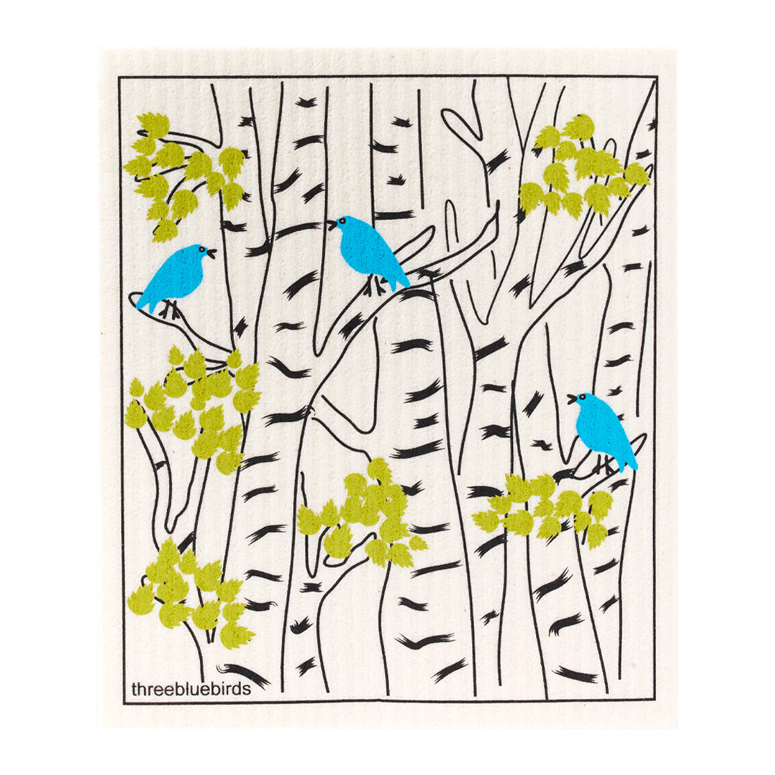 Eco-friendly dishcloth adorned with an illustration of three small, vibrant blue birds.