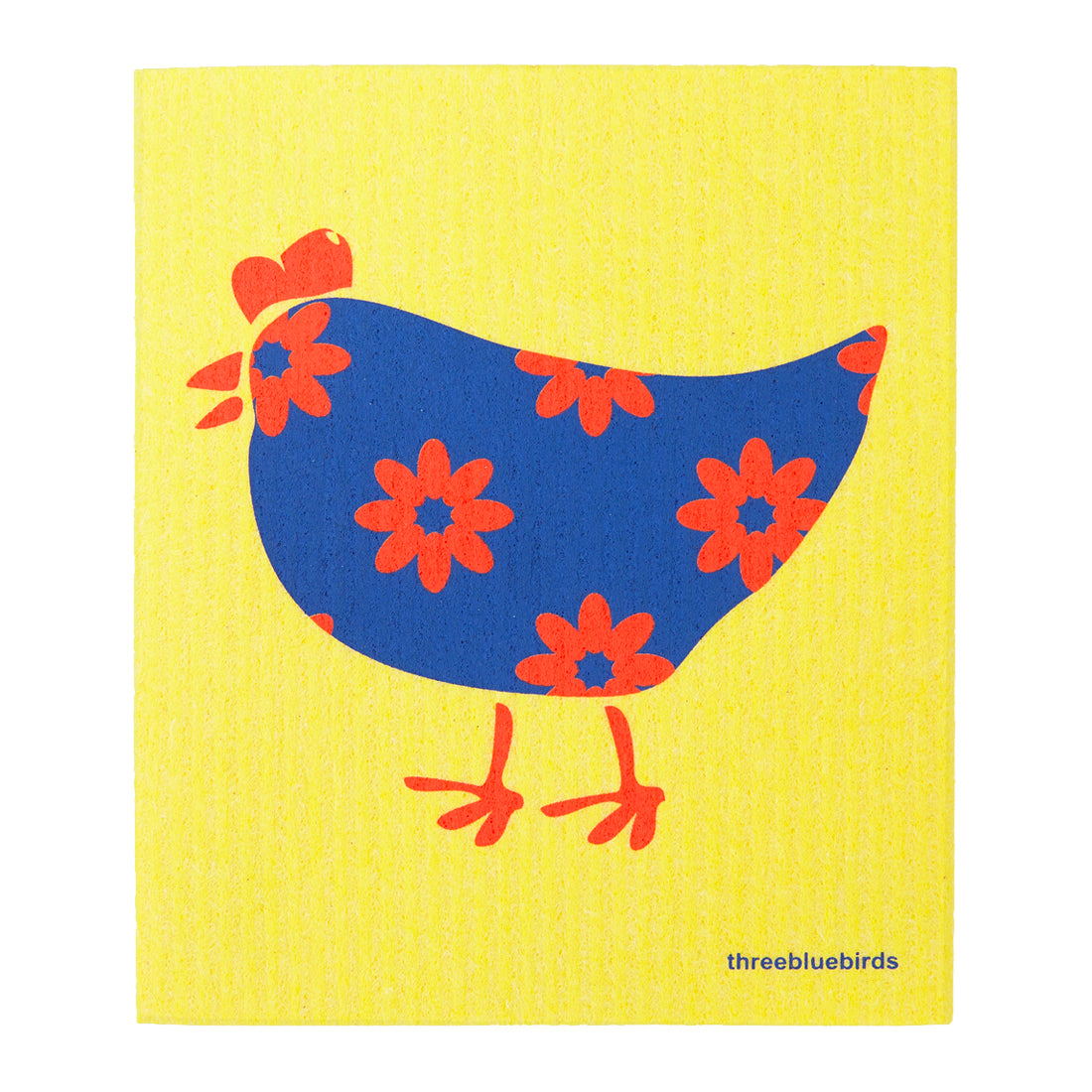 Reusable yellow dishcloth with the blue 'Lucille' Hen design with red flowers.