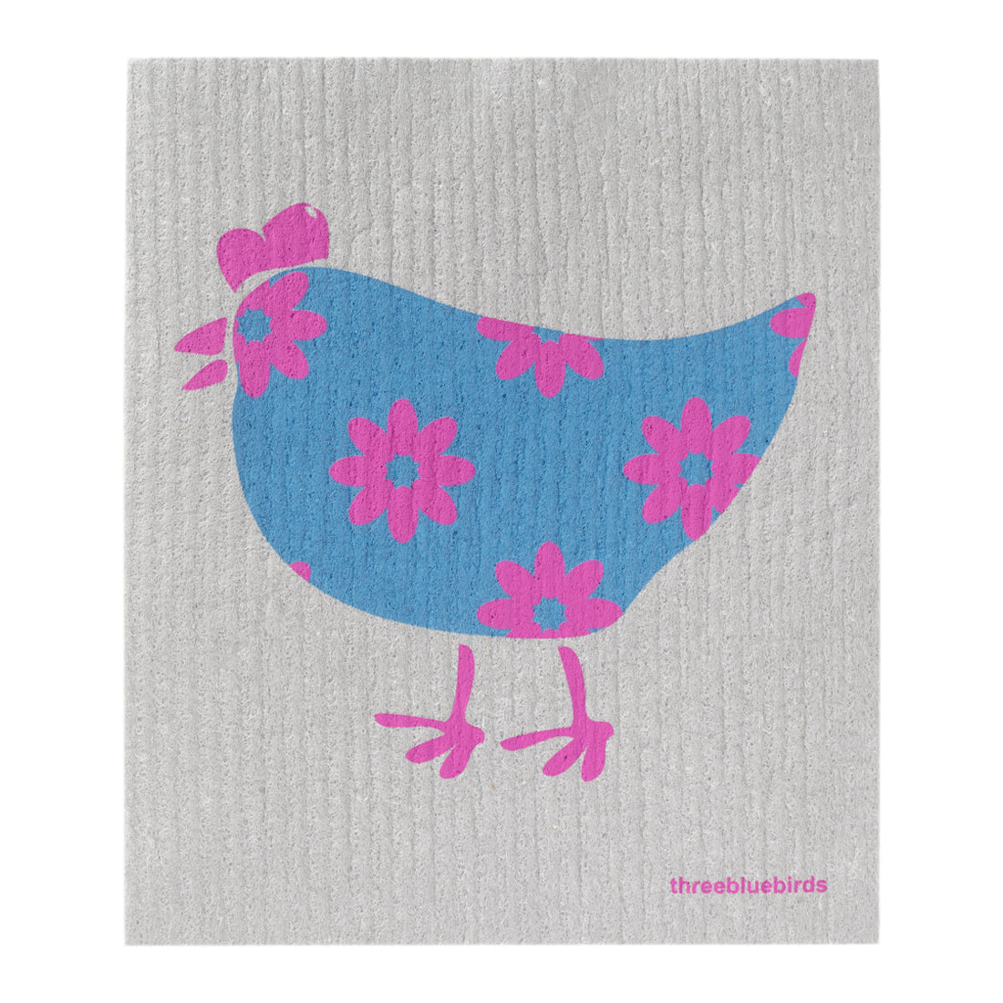 Reusable Swedish dishcloth with the 'Hilda' hen designin blue, displaying stylized pink floral patterns. A biodegradable choice for your home