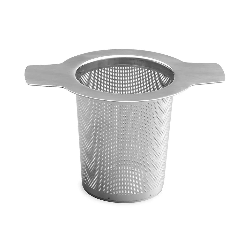 A perforated stainless steel tea steeper, with a flat top and handles for resting on a cup, for brewing loose-leaf tea.