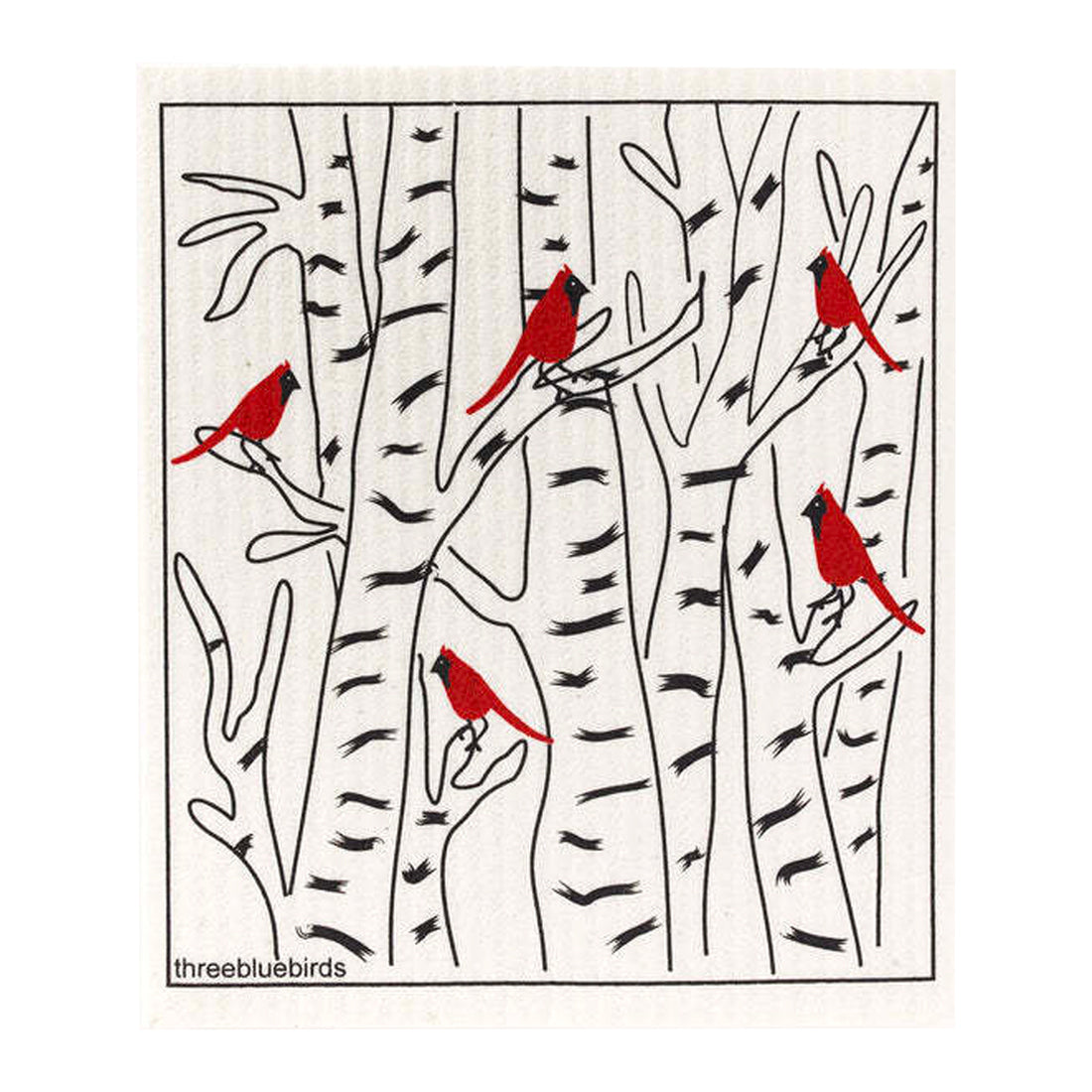 Reusable and compostable cleaning cloth depicting vivid red cardinals perched amidst a white and grey wintry scene