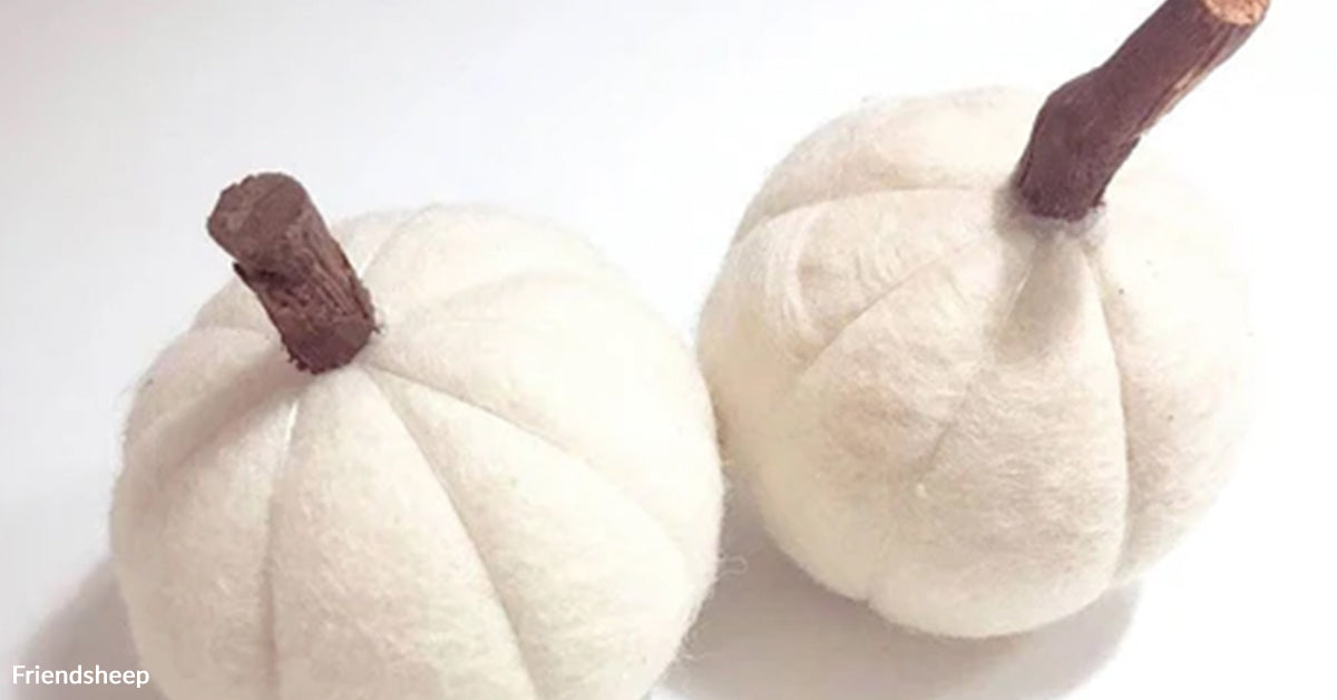 Two small white pumpkins made from wool dryer balls with short brown twig stems attached.