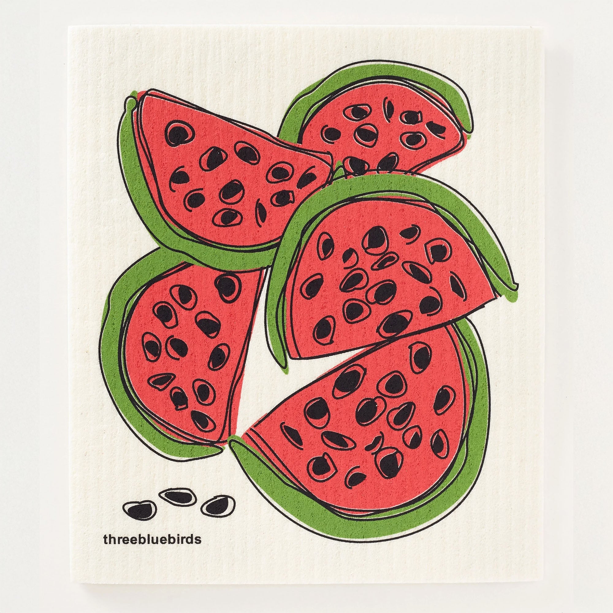 A refreshing design of juicy bright red watermelon slices with dark green rinds and black seeds on this reusable dishcloth, ready for cleaning up summer spills.